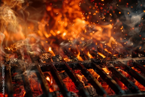 A detailed view of a barbecue grill with flames licking around the edges, creating a fiery and intense cooking scene