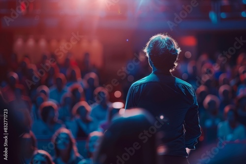 A man stands confidently in front of a crowd, delivering an inspiring speech at an event