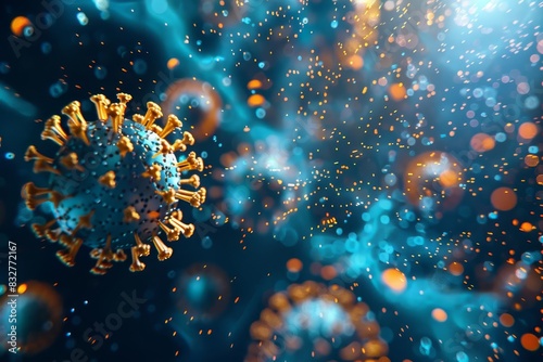 abstract microscopic view of viruses gold and blue particles scientific illustration