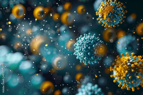 abstract microscopic view of viruses gold and blue particles scientific illustration