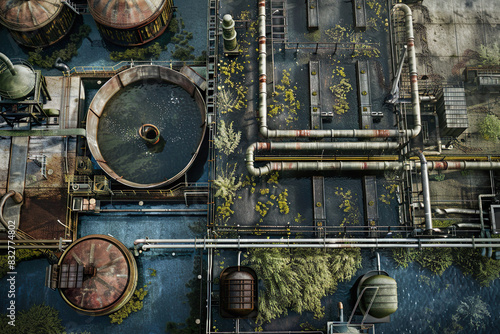 Treatment station for contaminated industrial wastewater with pipes and tanks. Dirty waters. View from above. Environmental pollution concept. Generative AI image
