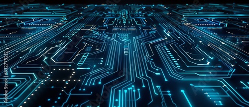 The image is a circuit board with blue glowing lines. It is a printed circuit board (PCB) that serves as a mounting surface for electronic components.