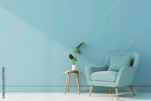 a pastel blue colored wall background with a minimalist interior design ai generative