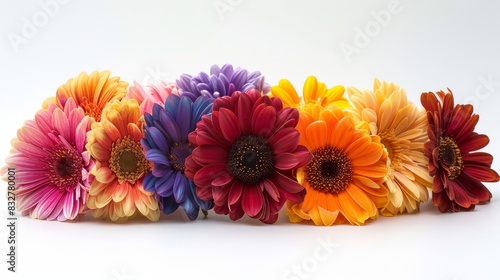 A playful composition of multicolored gerbera daisies, arranged in a semi-circle on the lower edge of an isolated white background. 
