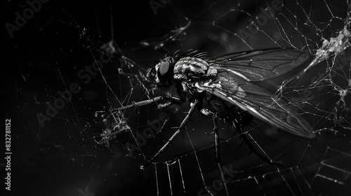 Monochrome image of a deceased fly ensnared in a spider s web