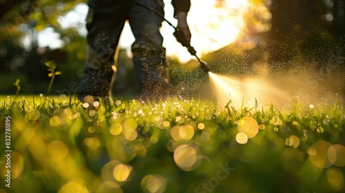 Gardener spraying lawn weeds with a herbicide