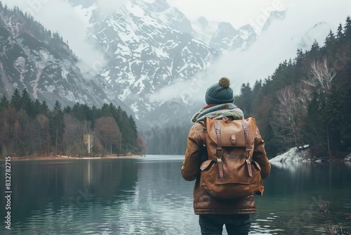 adventurous hiker exploring lake obernberg mountains in austria hipster style