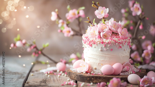 Bolo de Páscoa com flores cor de rosa e flor de cerejeira primavera na mesa de madeira