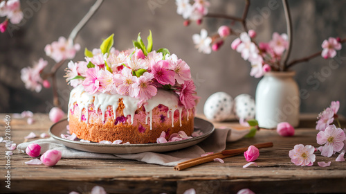 Bolo de Páscoa com flores cor de rosa e flor de cerejeira primavera na mesa de madeira
