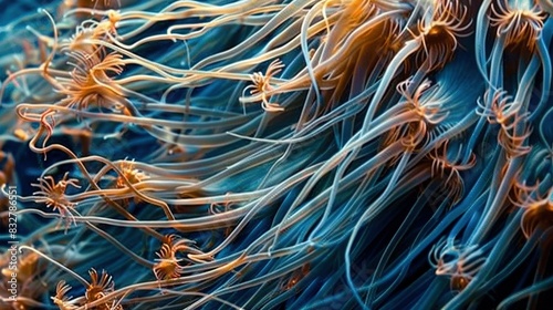  A close-up image of a blue and yellow sea anemone with long, slender orange and white tentacles