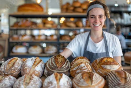 proud female baker wearing apron baking bread at bakery, smiling and looking to the camera, presenting sourdough breads