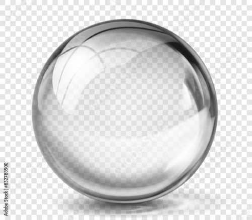 Large translucent shiny sphere of gray color with glare and shadow on transparent background. Vector illustration for design projects and creative works