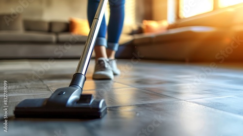 Close up of woman using a vacuum cleaner to thoroughly clean the surface of the floor