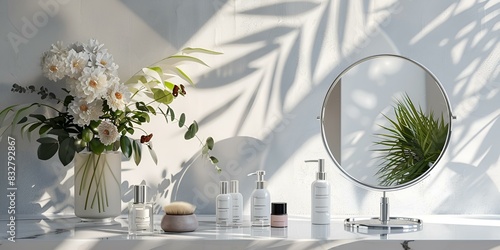 Minimalistyczna łazienka z naturalnym oświetleniem i kosmetykami