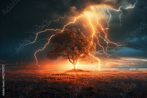 Samotne drzewo opiera się burzy z piorunami