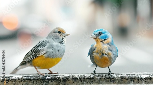  A pair of birds perched on a wooden rail along a city sidewalk