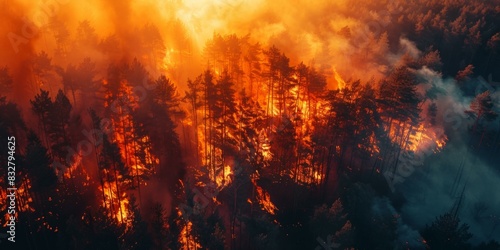 Intense wildfire engulfing dense forest with brilliant orange flames & dark smoke plumes across the sky. No people present. Dramatic natural disaster.