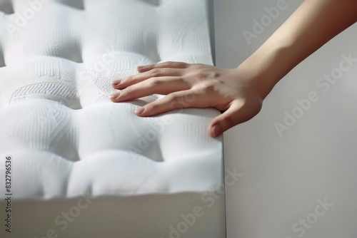 Detalle de mano tocando un colchón viscoelástico, comodidad absoluta