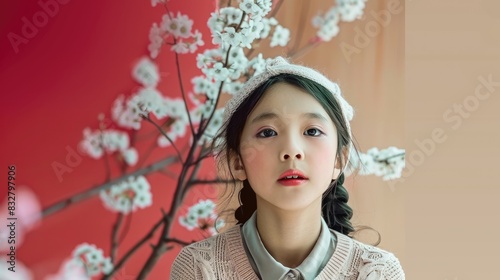 Una niña china de ocho años, solitaria, modelo, a la moda, minimalista, con una cámara Leica de 85 mm de distancia focal, retrato, lleno de detalles, flores, ojos negros, flores rosas, fotografía de e