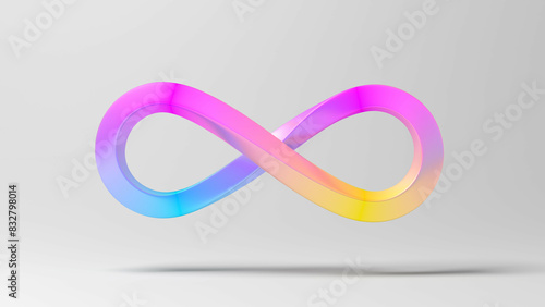 Rainbow infinity symbol. Gray background. Iridescent. 3d illustration.