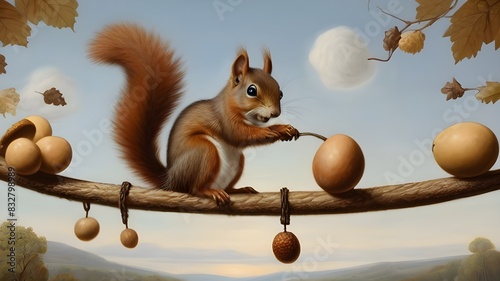 A squirrel juggling acorns while balancing on a tightrope