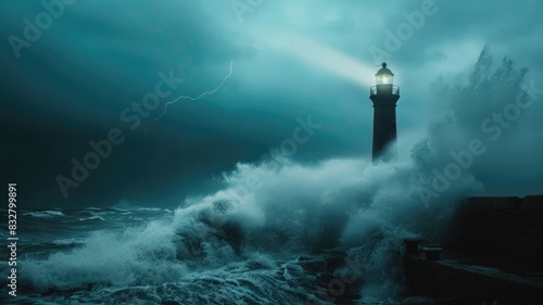 Illuminated lighthouse with raging waves and lightning storm Dramatic scenery