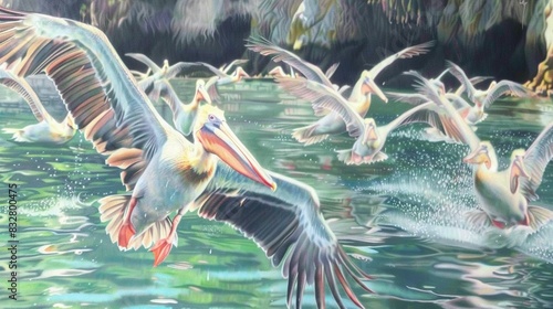  A painting depicts a group of pelicans soaring over water with a forest in the distance