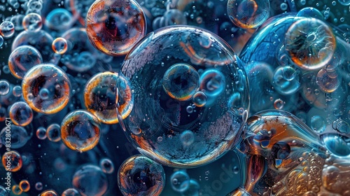  A group of air bubbles floating over a blue-orange water surface, featuring water droplets beneath