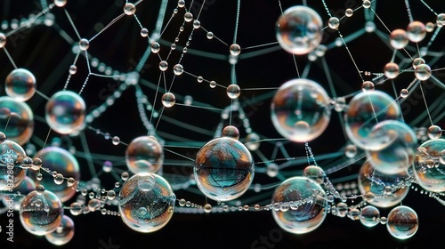  A cluster of air bubbles, adorned with water droplets, suspended in mid-air