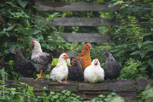 beautiful chickens and roosters outdoors in the yard