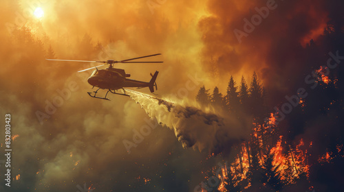 Helicopter battles a raging forest fire at sunset, dropping water in an attempt to subdue the destructive flames and smoke