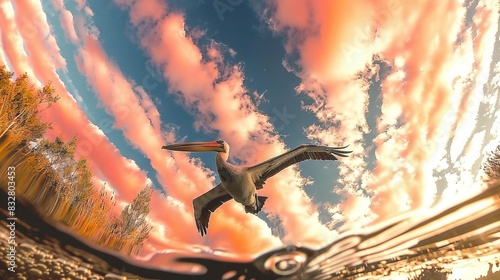  Pelican flying in sky with trees in foreground
