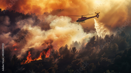 Helicopter releases water over a blazing wildfire, with thick smoke and dramatic orange light engulfing the affected forest at dusk