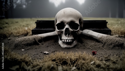 An eerie stock photo of a skull partially buried in soil with mist surrounding, set against a bleak and foggy graveyard backdrop, heightening a sense of horror.. AI Generation