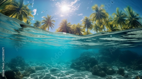 A Beautiful Underwater and Coastal Scene with Palm Trees and Clear Ocean