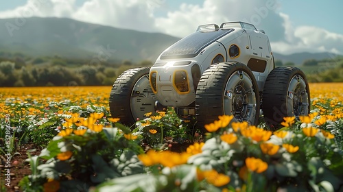 digital rendering of a solarpowered agricultural robot harvesting crops in a large field