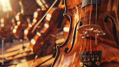 Details with parts of violins before a symphonic classical concert