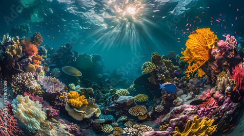 A colorful underwater scene with a variety of fish and coral