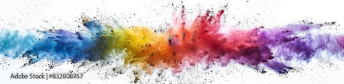Rainbow colored powder explosion on a white background, captured with a wide angle lens, in the style of professional photography, of high quality.