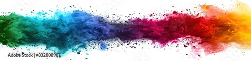 Rainbow colored powder explosion on a white background, captured with a wide angle lens, in the style of professional photography, of high quality.