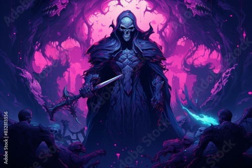 A powerful and fearsome necromancer, commanding legions of undead minions. - Generative AI