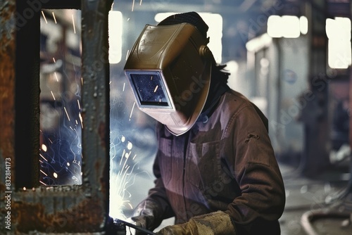 Especialista en soldadura soldando metales en una fábrica de estructuras metálicas