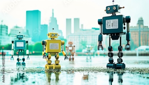 Three cartoon-like robots, varying in design and colors, stroll through shallow waters in an urban setting, with skyscrapers under a cloudy sky.. AI Generation