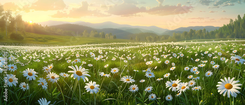 a panoramic view of a vibrant meadow adorned with white daisies, each flaunting a sunny yellow center. The daisies are scattered amidst lush green grass, creating a picturesque scene