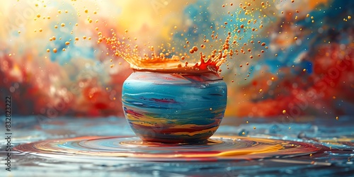 Vivid and colorful still life with a vase of flowers and water droplets, creating an abstract art effect.