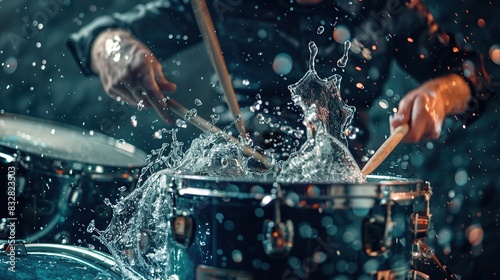 Drummer using drum sticks hitting snare drum with splashing water on dark background with light overlay