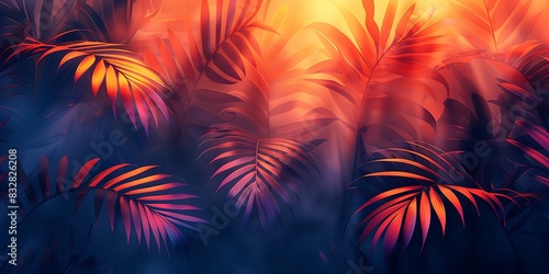 Vivid sunset over a tropical jungle, with palm trees and warm colors creating a serene and picturesque atmosphere.