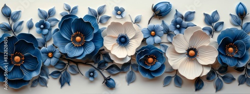 Ornament elements, vintage blue floral pattern on white background.