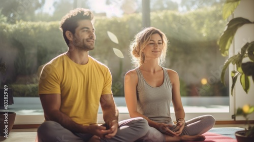 A man and woman are sitting on the floor in a room, both wearing yoga clothes