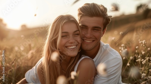 A couple is sitting in a field of flowers, smiling and hugging each other